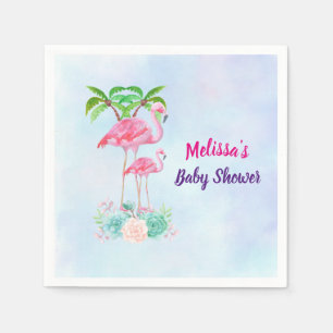 Pink Flamingo Momma & Baby with Palm Trees Napkin