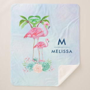 Pink Flamingo Momma & Baby with Palm Trees Sherpa Blanket