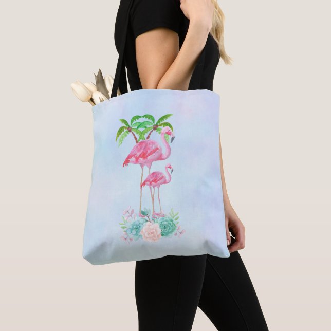 Pink Flamingo Momma & Baby with Palm Trees Tote Bag (Close Up)