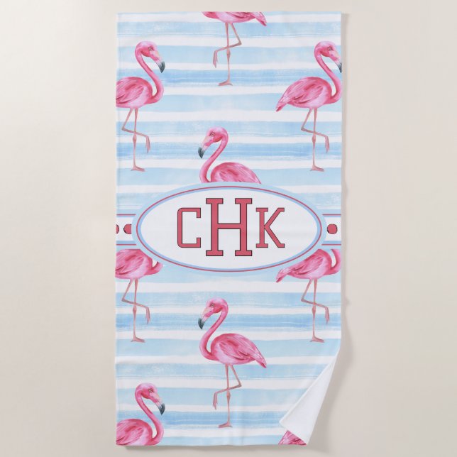 Pink Flamingo Monogram Beach Towel (Front)