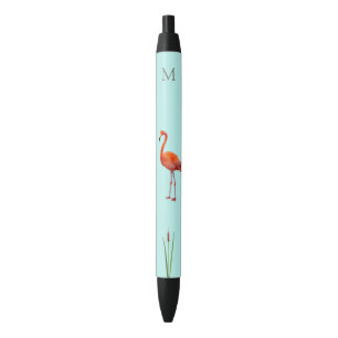Pink Flamingo & Monogram on Light Blue Black Ink Pen