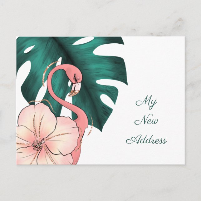 Pink Flamingo Monstera Leaf Moving to Florida Announcement Postcard (Front)