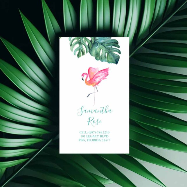 Pink Flamingo Monstera Palm Leaves Unique Business Card (Flamingo business cards feature watercolor tropical art by Victoria Grigaliunas of Do Tell A Belle)