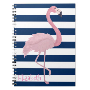 Pink Flamingo, Navy Blue Stripes-Personalised Notebook