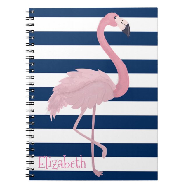 Pink Flamingo, Navy Blue Stripes-Personalised Notebook (Front)