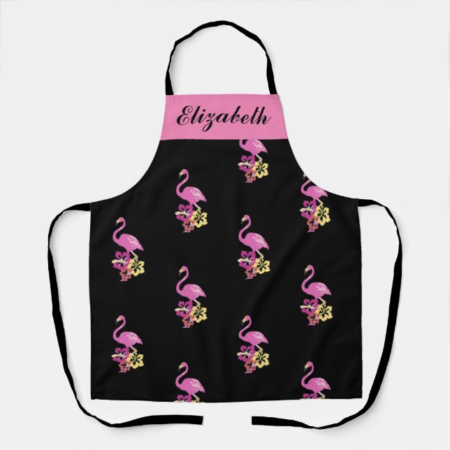 Pink Flamingo On Black All-Over Print Apron (Front)