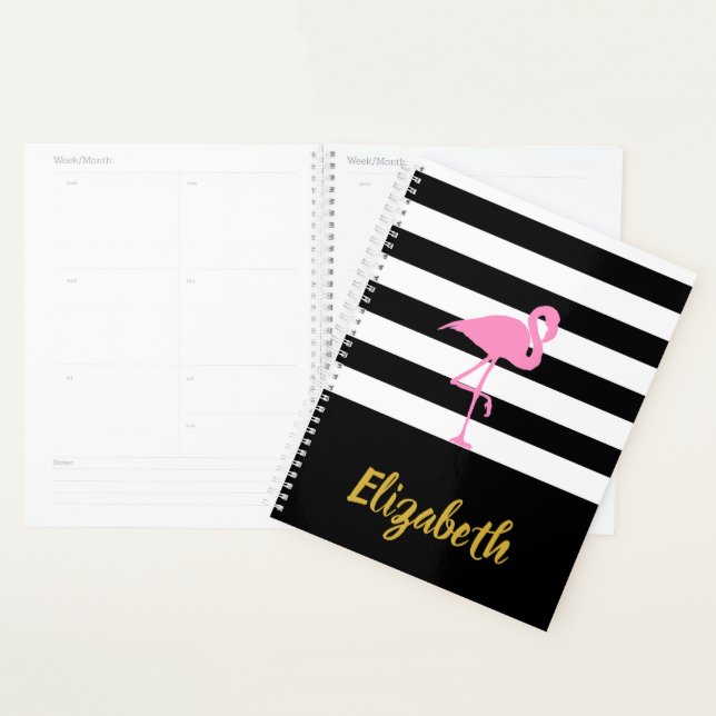 Pink Flamingo on Black and White Striped Planner (Display)