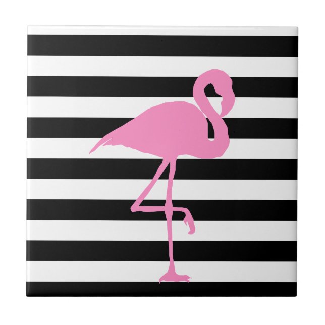 Pink Flamingo on Black and White Stripes Ceramic Tile (Front)