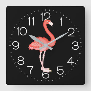 Pink Flamingo On Black  Square Wall Clock