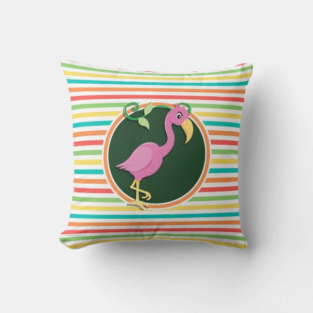 Pink Flamingo on Bright Rainbow Stripes Cushion (Front)
