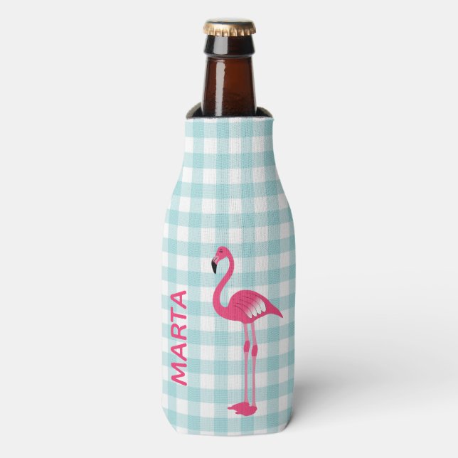 Pink Flamingo on Gingham Bottle Cooler (Bottle Front)