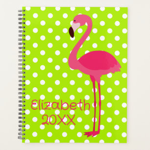 Pink Flamingo on Green and White Polka Dot Planner