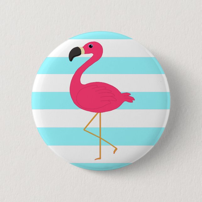 Pink Flamingo on Light Teal Stripes 6 Cm Round Badge (Front)