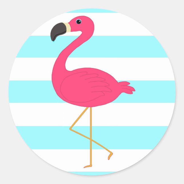 Pink Flamingo on Light Teal Stripes Classic Round Sticker (Front)