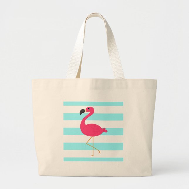 Pink Flamingo on Light Teal Stripes Large Tote Bag (Front)