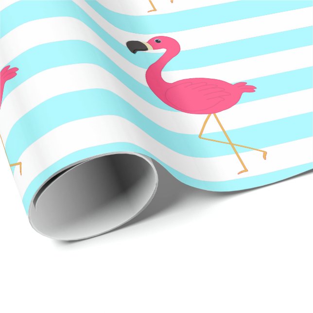 Pink Flamingo on Light Teal Stripes Wrapping Paper (Roll Corner)