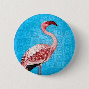 Pink Flamingo on Retro Blue Pattern 6 Cm Round Badge