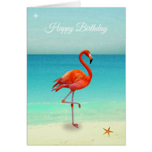 Pink Flamingo on the Beach  Birthday Card