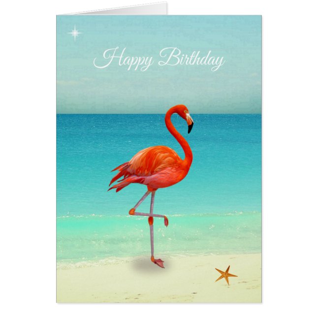 Pink Flamingo on the Beach  Birthday Card (Front)