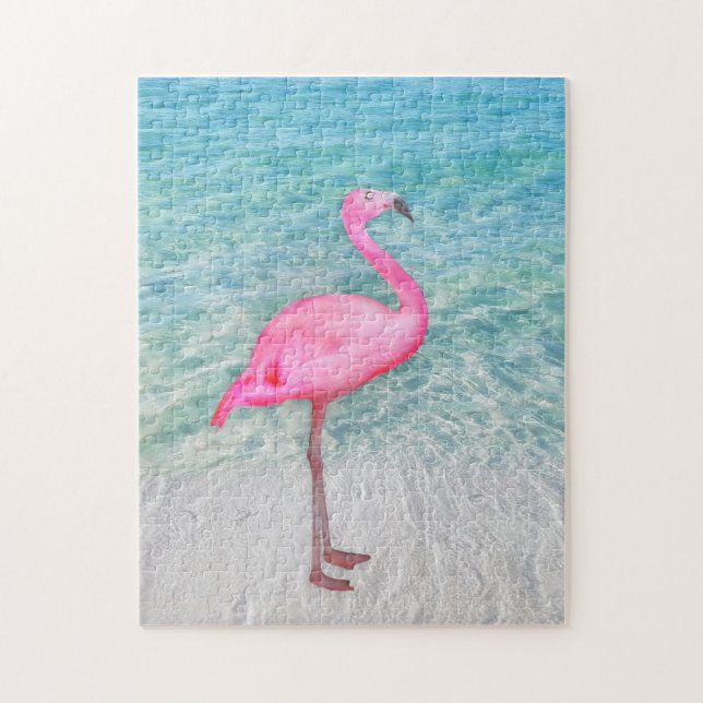 Pink Flamingo on Tropical Beach Jigsaw Puzzle (Vertical)