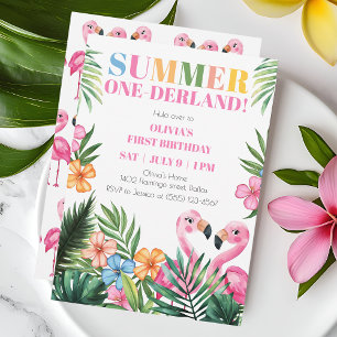 Pink Flamingo Onederland Summer 1st Birthday Party Invitation