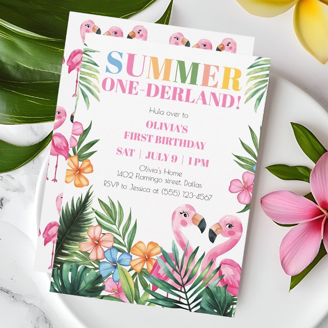 Pink Flamingo Onederland Summer 1st Birthday Party Invitation (Pink Flamingo Onederland Summer 1st Birthday Party Invitation)