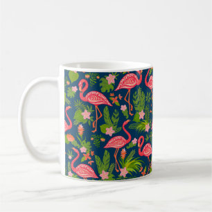 Pink flamingo ornament on a striped turquoise back coffee mug