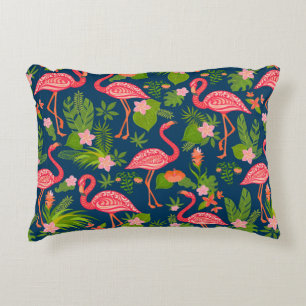 Pink flamingo ornament on a striped turquoise back decorative cushion