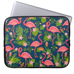 Pink flamingo ornament on a striped turquoise back laptop sleeve