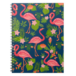 Pink flamingo ornament on a striped turquoise back notebook