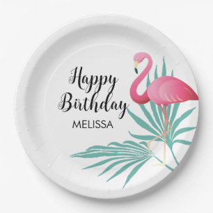 Pink Flamingo Palm Leaves Birthday Paper Plate
