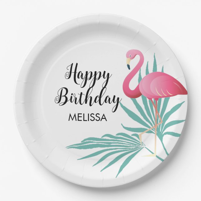 Pink Flamingo Palm Leaves Birthday Paper Plate (Front)