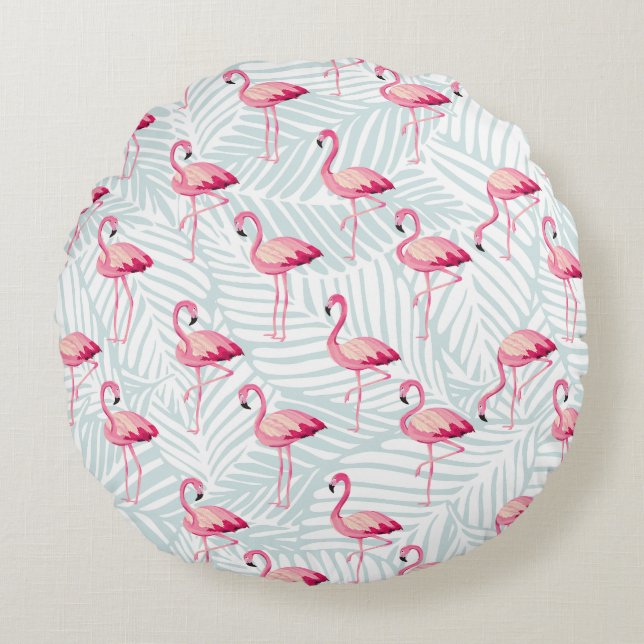 Pink Flamingo & Palm Leaves – Cute Round Cushion (Front)