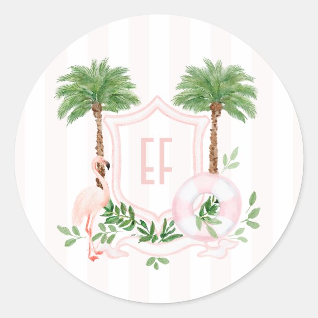 Pink Flamingo Palm Springs Monogram Bachelorette Classic Round Sticker (Front)