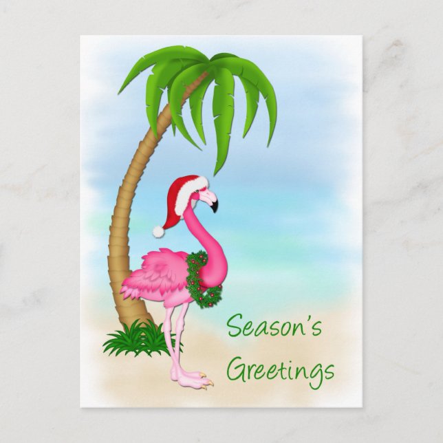 Pink Flamingo Palm Tree Christmas Postcard (Front)