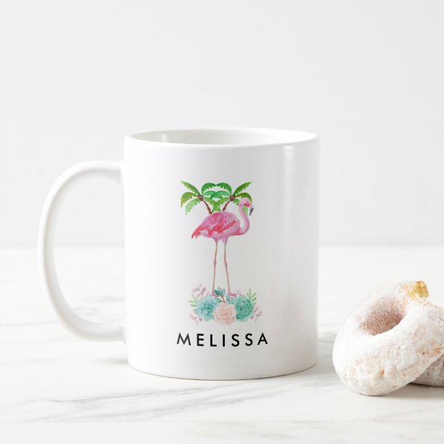 Pink Flamingo Palm trees and Floral Succulents Coffee Mug (With Donut)