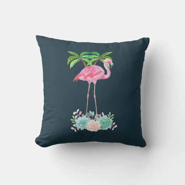 Pink Flamingo Palm trees and Floral Succulents Cushion (Front)