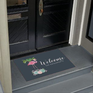 Pink Flamingo Palm trees and Floral Succulents Doormat