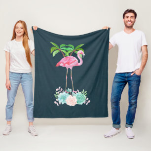 Pink Flamingo Palm trees and Floral Succulents Fleece Blanket