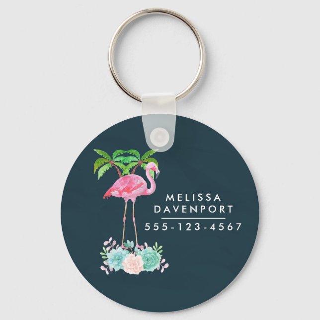 Pink Flamingo Palm trees and Floral Succulents Key Ring (Front)