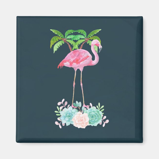 Pink Flamingo Palm trees and Floral Succulents Magnet (Front)