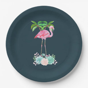 Pink Flamingo Palm trees and Floral Succulents Paper Plate