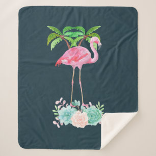 Pink Flamingo Palm trees and Floral Succulents Sherpa Blanket