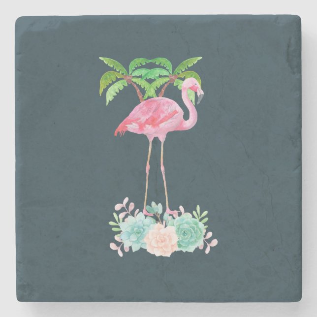 Pink Flamingo Palm trees and Floral Succulents Stone Coaster (Front)