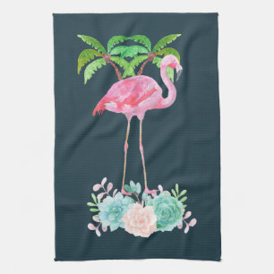 Pink Flamingo Palm trees and Floral Succulents Tea Towel
