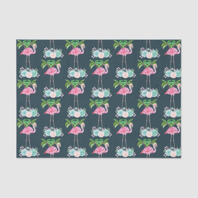 Pink Flamingo Palm trees and Floral Succulents Tissue Paper (Front)