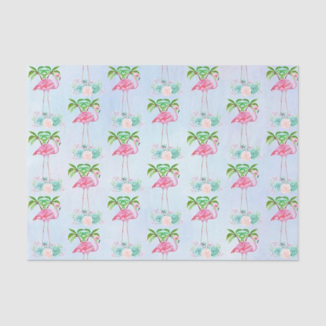 Pink Flamingo Palm trees and Floral Succulents Tissue Paper (Front)