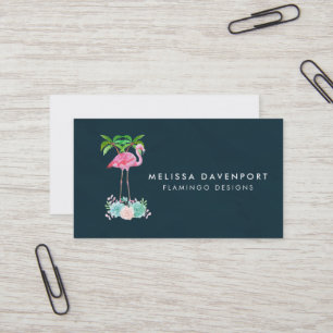 Pink Flamingo Palm trees and Succulents Business Card