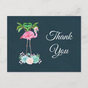 Pink Flamingo Palm trees and Succulents Thank You Postcard