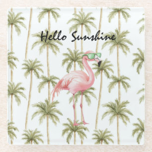 Pink Flamingo Palm Trees Glass Coaster